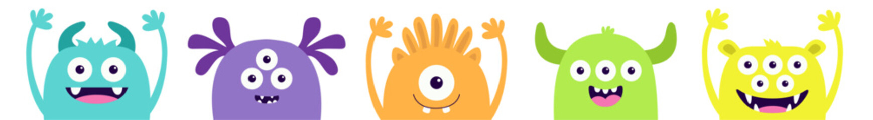 Monster set. Happy Halloween. Five colorful silhouette face head icon line. Eyes, tooth fang, tongue, hands up. Cute cartoon kawaii scary funny baby character. Flat design. White background. Vector