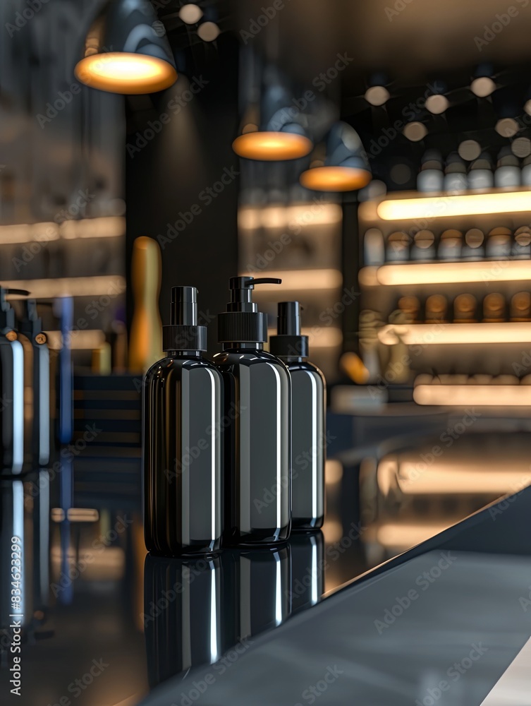 Poster three sleek, black bottles of shampoo and conditioner displayed on a countertop in a modern salon. g