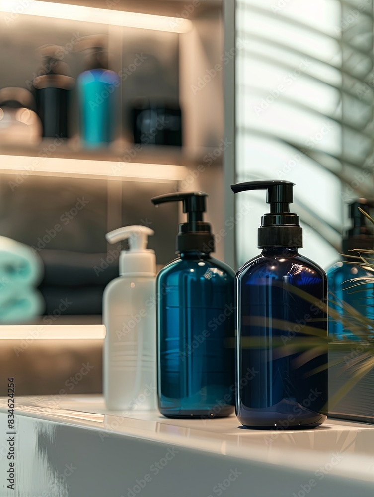 Aufkleber three elegant bottles of shampoo and conditioner sit on a white countertop in a sleek and contempora