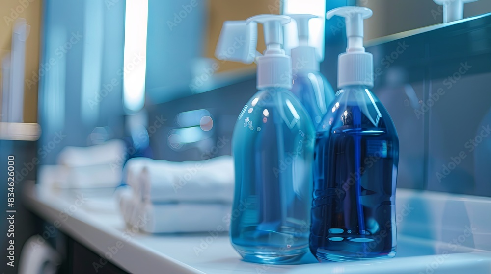 Poster close-up of three stylish blue bottles of shampoo and conditioner on a bathroom shelf. generative ai