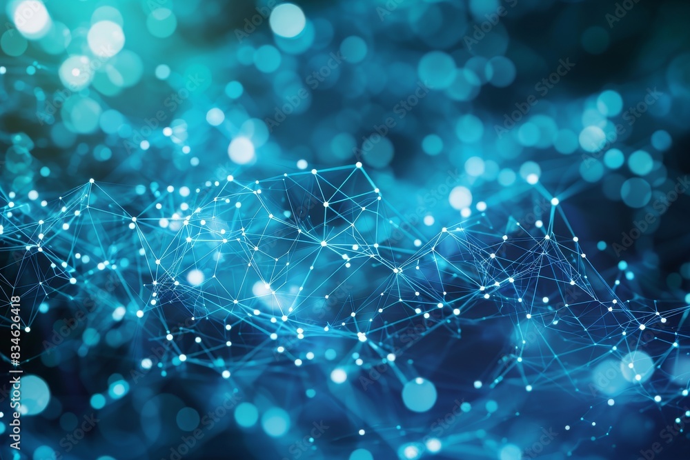 Poster blue background with small white dots, blue abstract background with a network grid and particles co