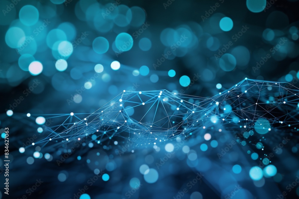 Poster blue background with small white dots, blue abstract background with a network grid and particles co