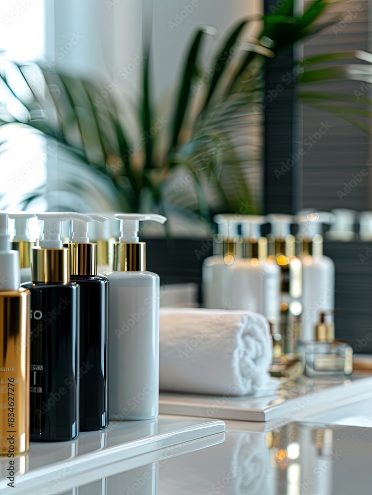Poster A close-up shot of several elegant shampoo and conditioner bottles arranged on a white countertop in a clean and modern bathroom. Generative AI