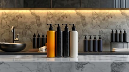 Fototapeta premium Four elegant bottles of shampoo and conditioner on a marble countertop in a salon. Generative AI