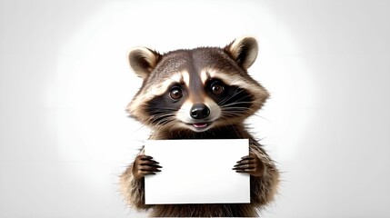 Raccoon showing poster on white background, blank web banner template and copy space