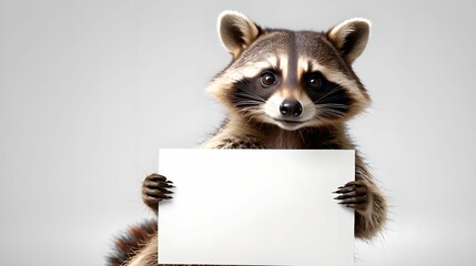 Raccoon showing poster on white background, blank web banner template and copy space