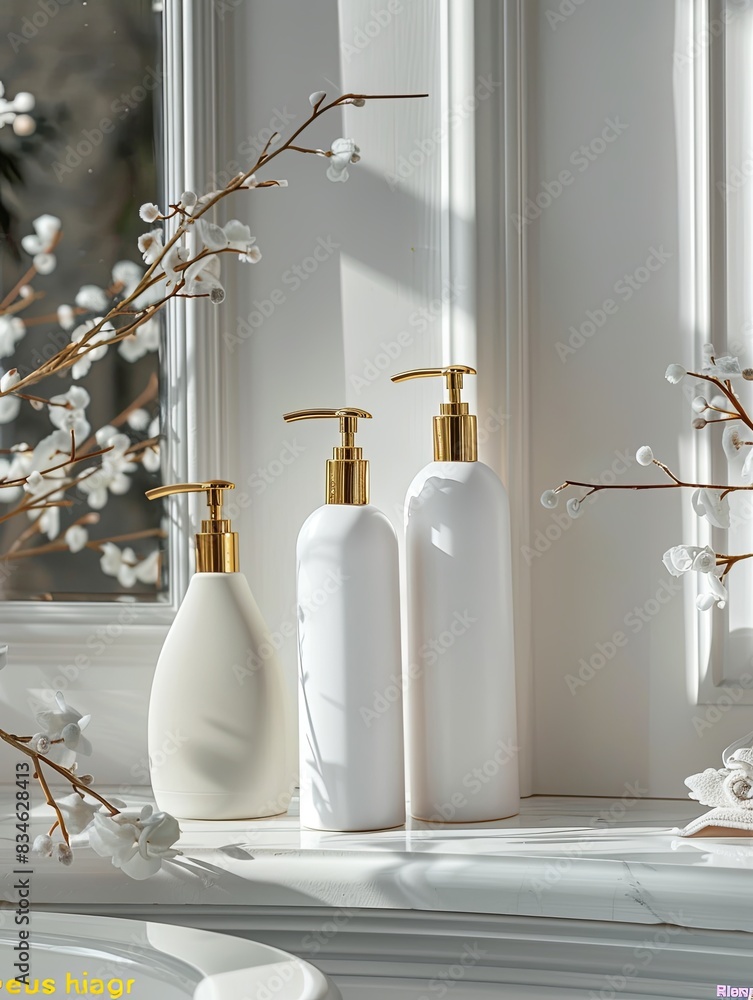 Poster three stylish bottles of shampoo and conditioner with gold accents sit on a white countertop in a ba