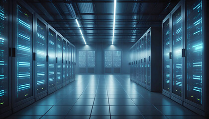 Modern Data Technology Center Server Racks Working in Dark Facility. Internet of Things, Big Data Protection, Storage, Cryptocurrency Mining, Cloud Computing.