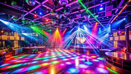 Vibrant club scene with colorful lights and dance floor , rave, concert, party, event, nightlife, young, beautiful, black woman, dancing, club, lights, DJ, music, nightlife, fun