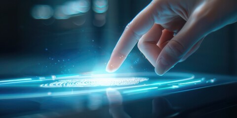 Close up view of hand fingers accessing touch screen, modern technology background.