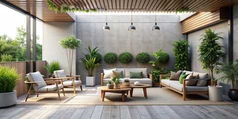 Minimalist outdoor patio with modern furniture and potted plants, outdoor, patio, minimalist, furniture, potted plants, contemporary, design, clean, simple, serene, tranquil, open-air, decor