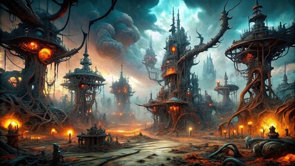Eerie biomechanical horror landscape with twisted metal structures and glowing veins , biomechanical, horror, landscape, eerie, twisted, metal, structures, glowing, veins, futuristic, sci-fi