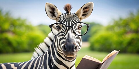 Cute zebra with glasses reading a book, zebra, glasses, reading, book, education, studying, cute, wildlife, animal, black and white, stripes, smart, intelligent, adorable, nerd, literary