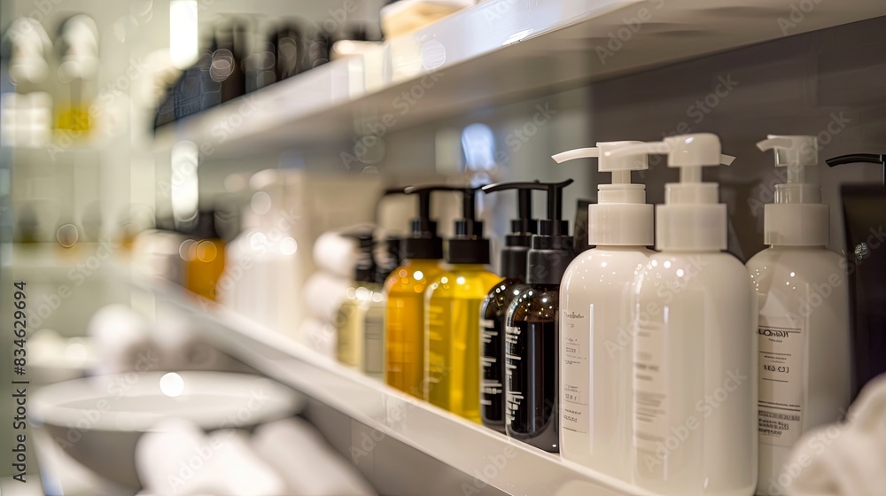 Poster A close-up view of neatly arranged bottles of shampoo and conditioner on a shelf in a bathroom or salon setting. Generative AI