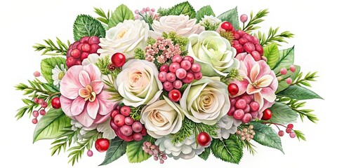 Watercolor style round bouquet with white violets, pink roses, red berries, chamomile flowers, and green Japanese hydrangeas, floral design for wedding, , watercolor, round bouquet
