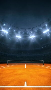 Modern sport stadium at night and clay tennis court ready for the match. Looped animation of sports background as vertical 4K video.