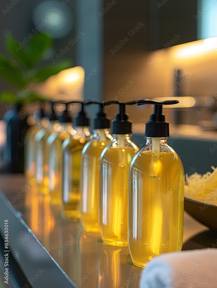 Poster close-up of luxurious shampoo and conditioner bottles in a modern salon. generative ai