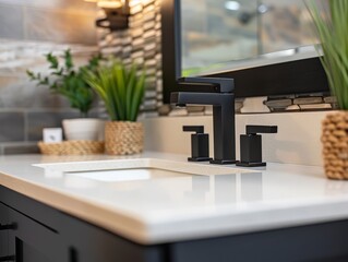 Modern bathroom sink with black faucet
