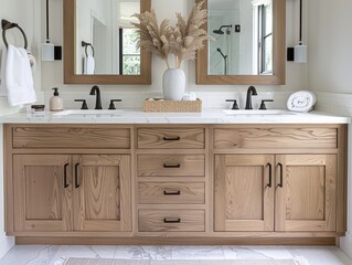 Charming bathroom vanity featuring wooden cabinets, dual sinks with black faucets, decorative vase, and modern fixtures in a bright space.
