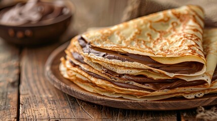  A stack of crepes on a wooden plate, adjacent to a bowl of ice cream, and a separate bowl of chocolate
