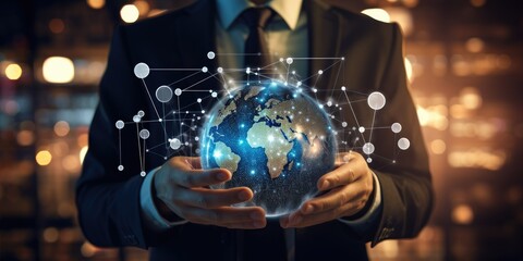 Man holding virtual globe with marketing network connecting icons on tablet. Innovation technology develop sustainable future service and smart solution in global business background