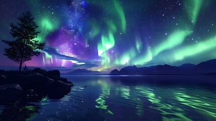 A high-resolution image of the Northern Lights and stars over a serene lake, with vibrant green and purple auroras reflecting on the water. The foreground includes the lake shore with rocks and a