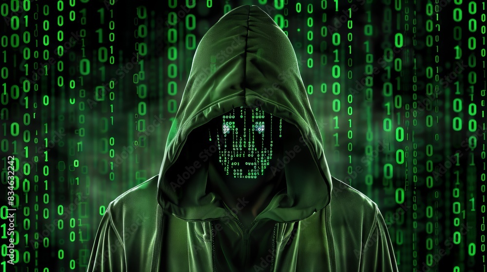 Poster man hacker in a green sports coat with a hooded jacket on his head with a binary code background in 