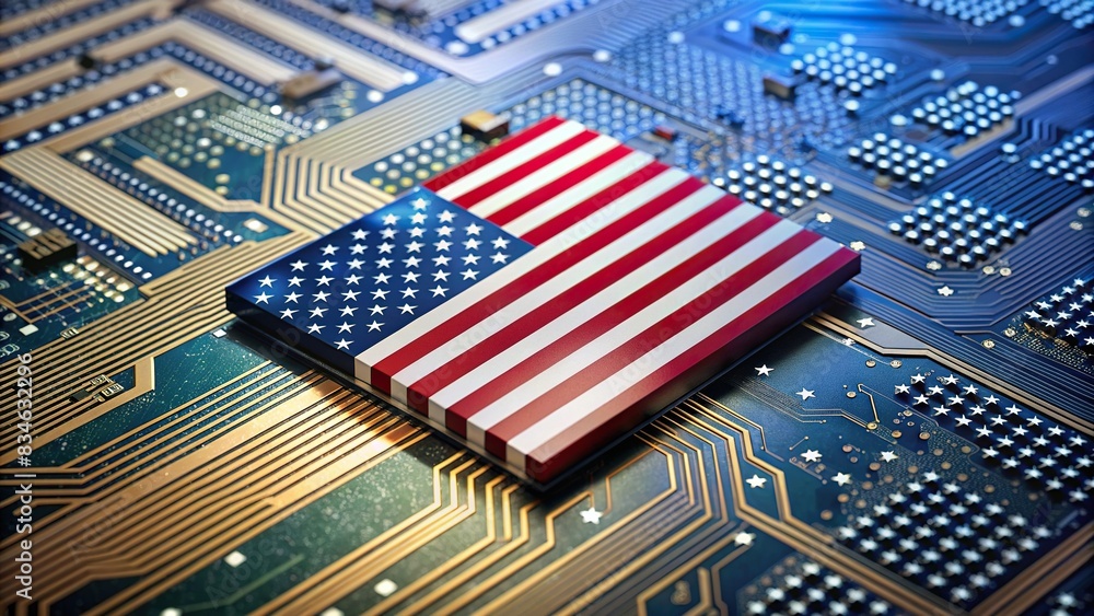 Wall mural American flag design on circuit board with microchips , technology, USA, Fourth of July, patriotic, computer, electronic, innovation, communication, motherboard, hardware, red, white, blue - Wall murals