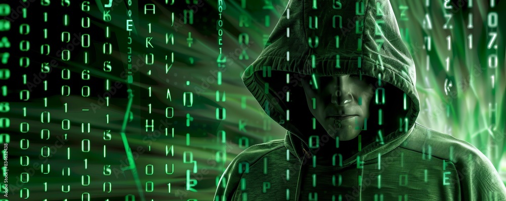Poster man, hacker in a green sports coat with a hood on his head on a green background with a binary code,
