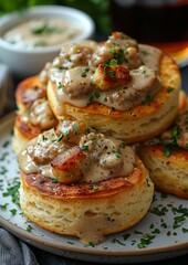 Biscuits and Gravy - Biscuits topped with creamy sausage gravy. 