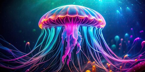 Neon jellyfish illuminated underwater in the sea, neon, jellyfish, glowing, underwater, sea life, marine, bioluminescent, colorful, vibrant, ocean, aquatic, nature, beauty, exotic