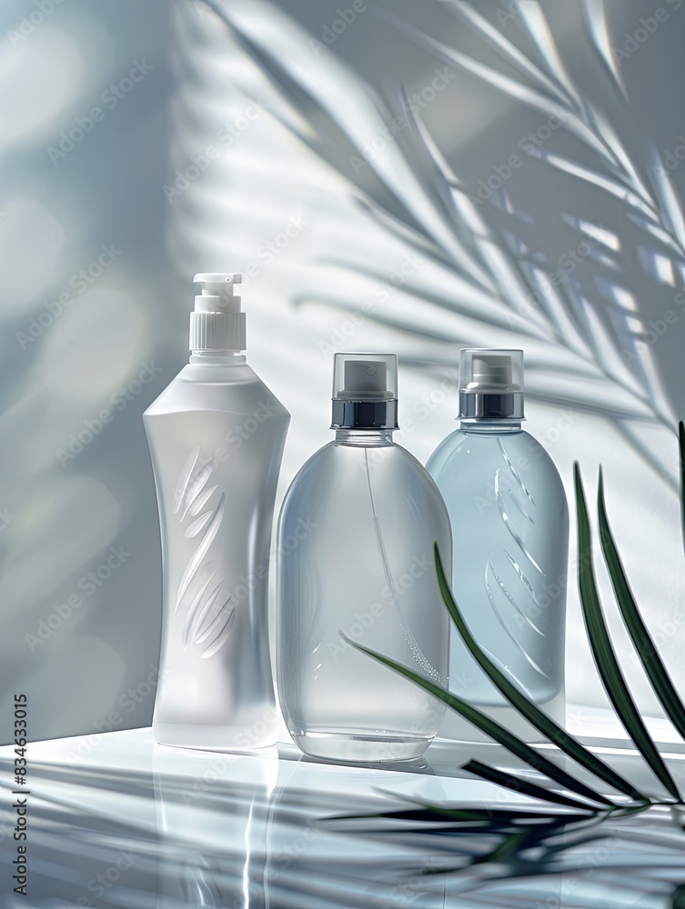 Poster three sleek bottles of shampoo and conditioner rest on a white counter, bathed in soft, natural ligh