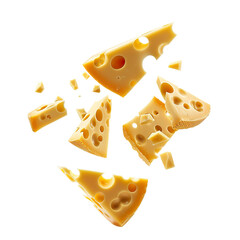 Exploding Swiss cheese wedges and chunks suspended in mid-air, high-resolution studio shot on white background

