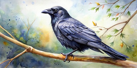 Watercolor painting of a black crow sitting on a branch, black crow, watercolor art, painting, bird, wildlife, nature, branch, tree, feathers, artistic, creative, dark, elegant, simple