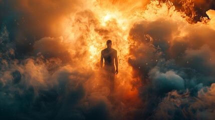 A man who stands out from the smoking storm, exuding strength and energy. His figure is surrounded by flames, which symbolize determination and perseverance in the face of difficulties.