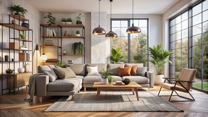 Cozy modern interior mock up in render, home, mock up, cozy, modern, interior, background, render, living room, design, decor, comfortable, stylish, minimalistic, apartment, furniture, house