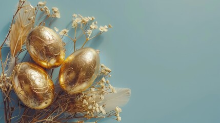 Obraz premium A collection of gold eggs atop baby's breath flowers, arranged over a blue surface A single feather rests above the eggs