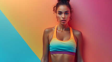 A fitness model with impressively sculpted abs who stands proudly in bright, colorful sportswear.