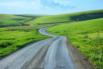 Scenic view of a rural road through a lush green field