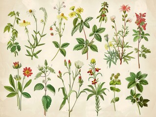 Vintage botanical illustrations of garden plants, detailed in an antique style.