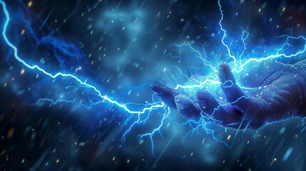 A hand holding a lightning bolt that emanates a blue glow against a stormy sky. Dark, energized clouds create a dramatic backdrop, and bright lightning symbolizes might and power.