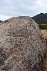 Carved rocks with ancient petroglyphs created by a past culture, a testament to early human artistry and symbolism.