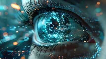 Futuristic eye scanning optical vision. Biometric cyberspace identification security. 3d augmented contact lens with hologram microchip. AI digital Innovation, cognitive science, technology background