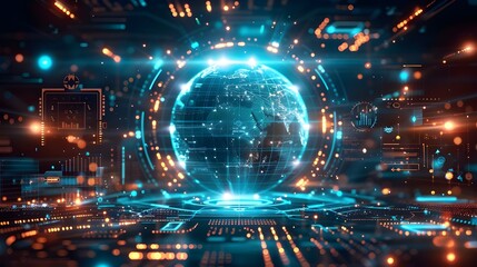 Futuristic global digital world, network mesh globe, blue polygon dot ball planet city background. High technology 3d hologram circle, interface city street skyline. Science Innovation robotic concept