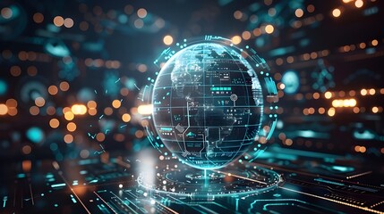 Futuristic transparent world globe, advanced high technology holographic 3d digital interface background, node and data stream of cognitive science AI global network finance security and blockchain.