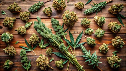 Overhead view of various cannabis buds on a wooden table, cannabis, marijuana, buds, weed, THC, CBD, green, table, top view, overhead, herb, medicinal, plant, natural, organic