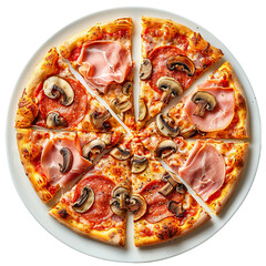 Sliced pizza with mushrooms, pepperoni, and ham on a round white plate, overhead view

