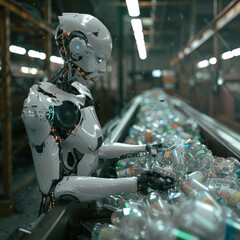 Fototapeta premium The subject is a robot sorting waste in a recycling facility. The robot a humanoid robot. The recycling facility small, The waste sorted into different categories, such as paper, plastic