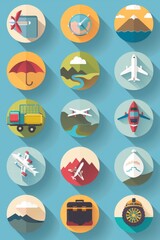 Flat design icons for travel, including airplanes, luggage, and maps.