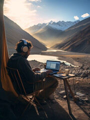 a man who works remotely in a beautiful place, Digital Nomad Working